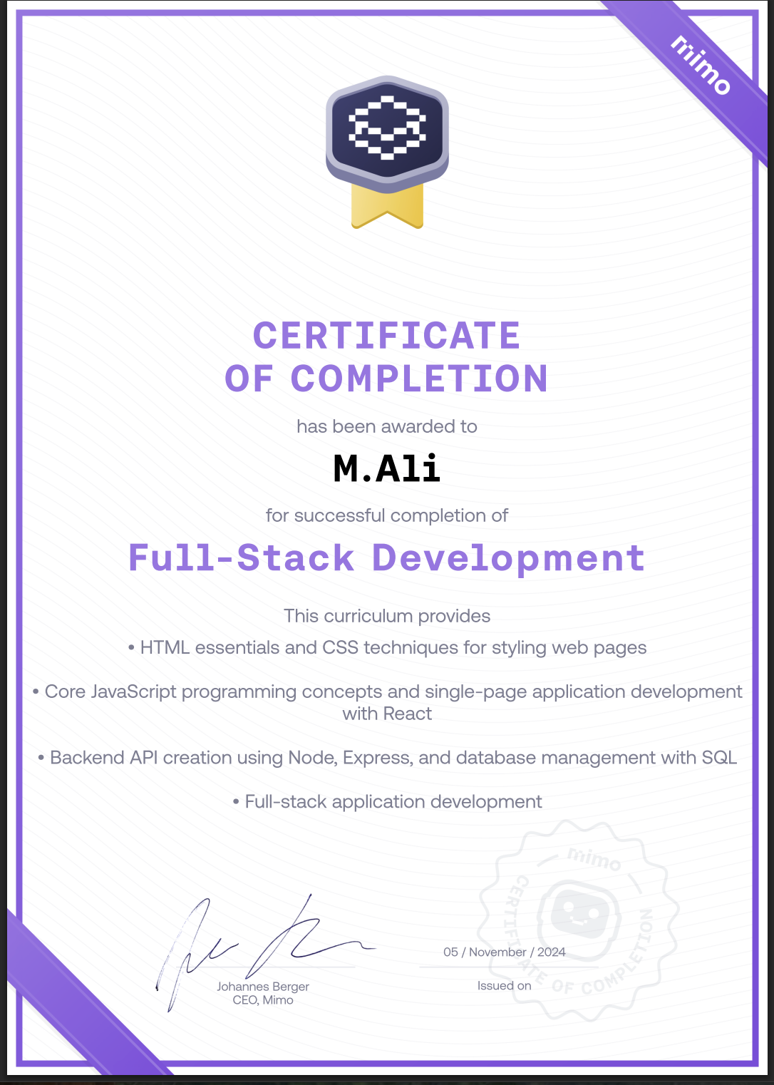 Certificat HTML