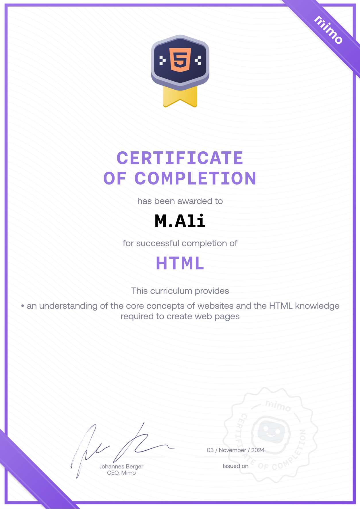 Certificat HTML
